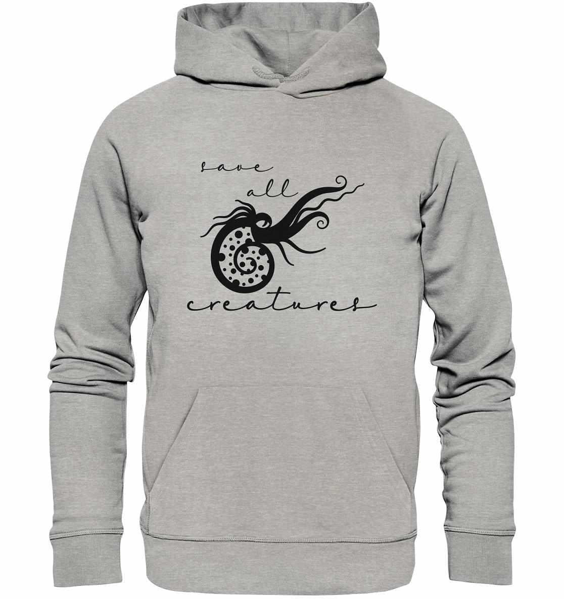 Vegan und Bio Hoodie: Save All Creatures mit schwarzem Grafikdesign eines Meereswesens, nachhaltig produziert aus Bio-Baumwolle, symbolisiert Gleichberechtigung aller Lebewesen.