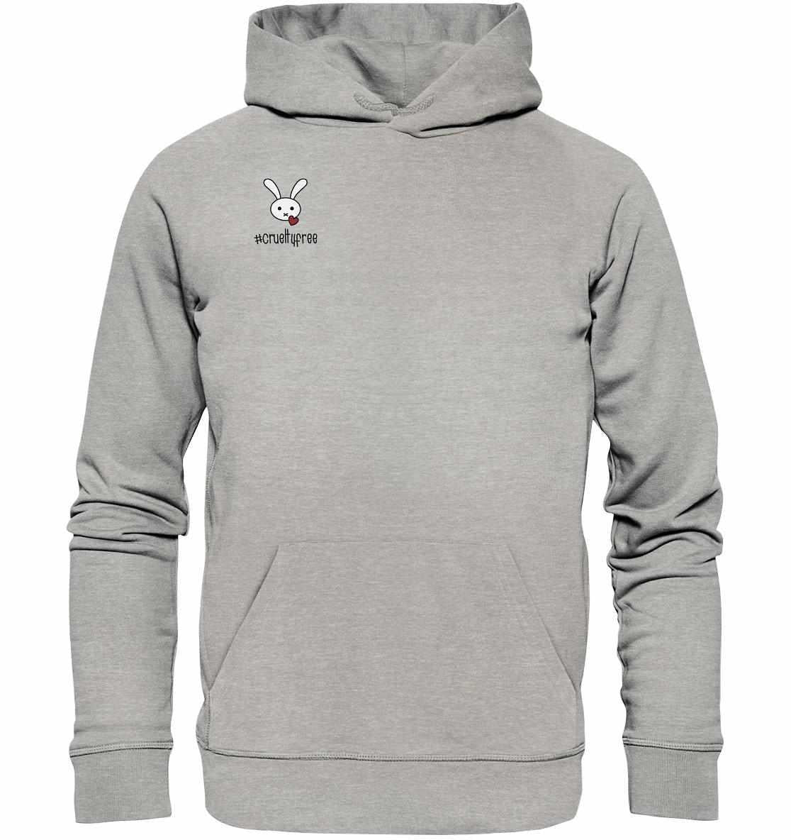 Vegan und Bio Hoodie: Crueltyfree Bunny mit Cartoon-Hasenmotiv, hergestellt aus Bio-Baumwolle und recyceltem Polyester, steht für Tierschutz und Nachhaltigkeit.