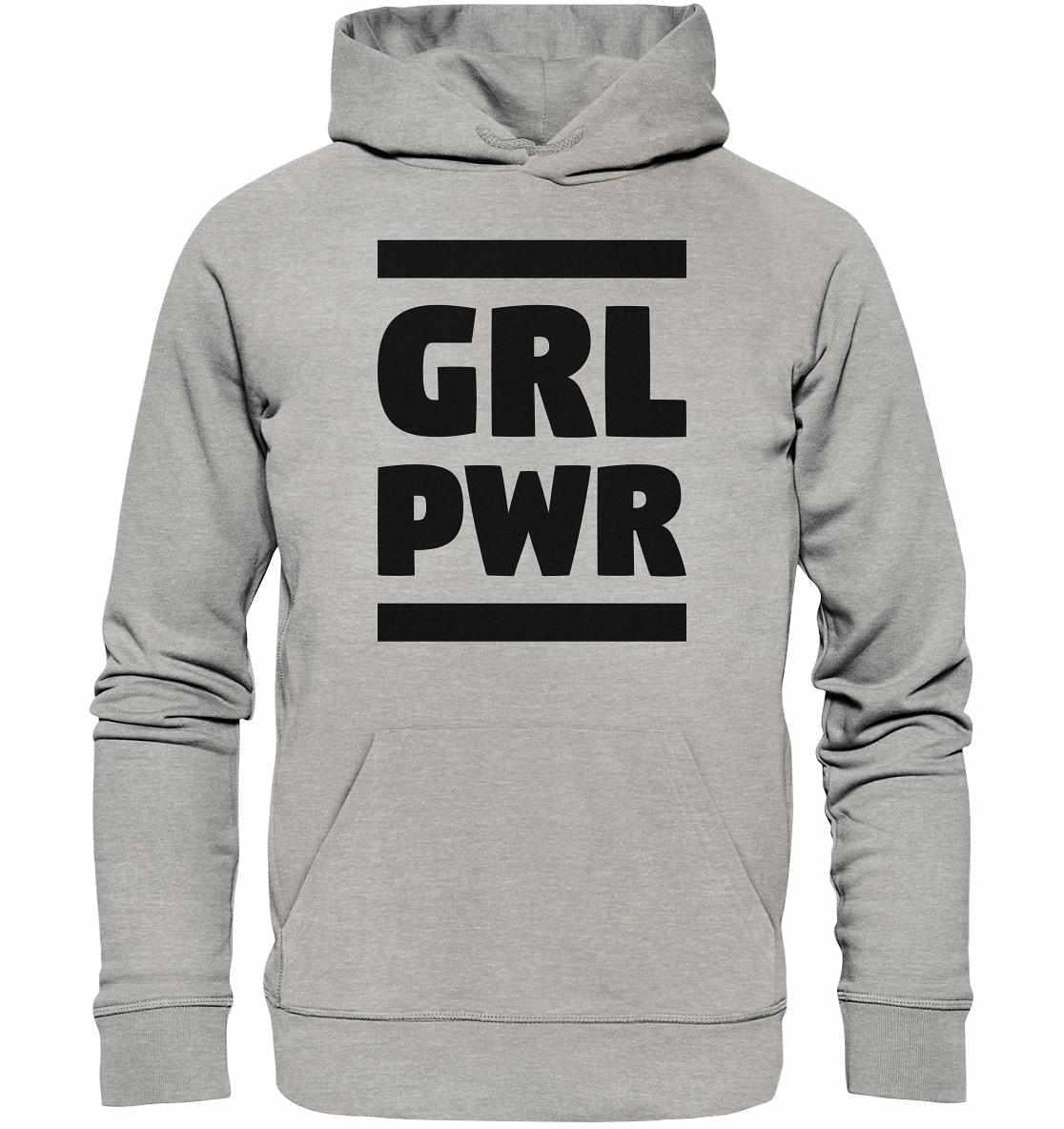 Vegan und Bio Hoodie: GIRL POWER - Grauer Hoodie mit schwarzem feministischen Schriftzug, Kängurutasche und Kapuze aus Bio-Baumwolle und recyceltem Polyester.