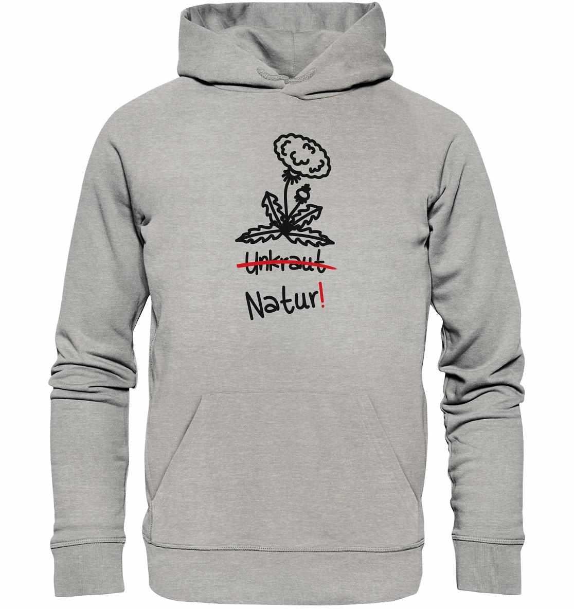 Vegan und Bio Hoodie: Löwenzahn - Naturschutz, grauer Hoodie mit schwarzem Blumenmotiv und rotem Akzent, aus Bio-Baumwolle und recyceltem Polyester, normaler Schnitt.