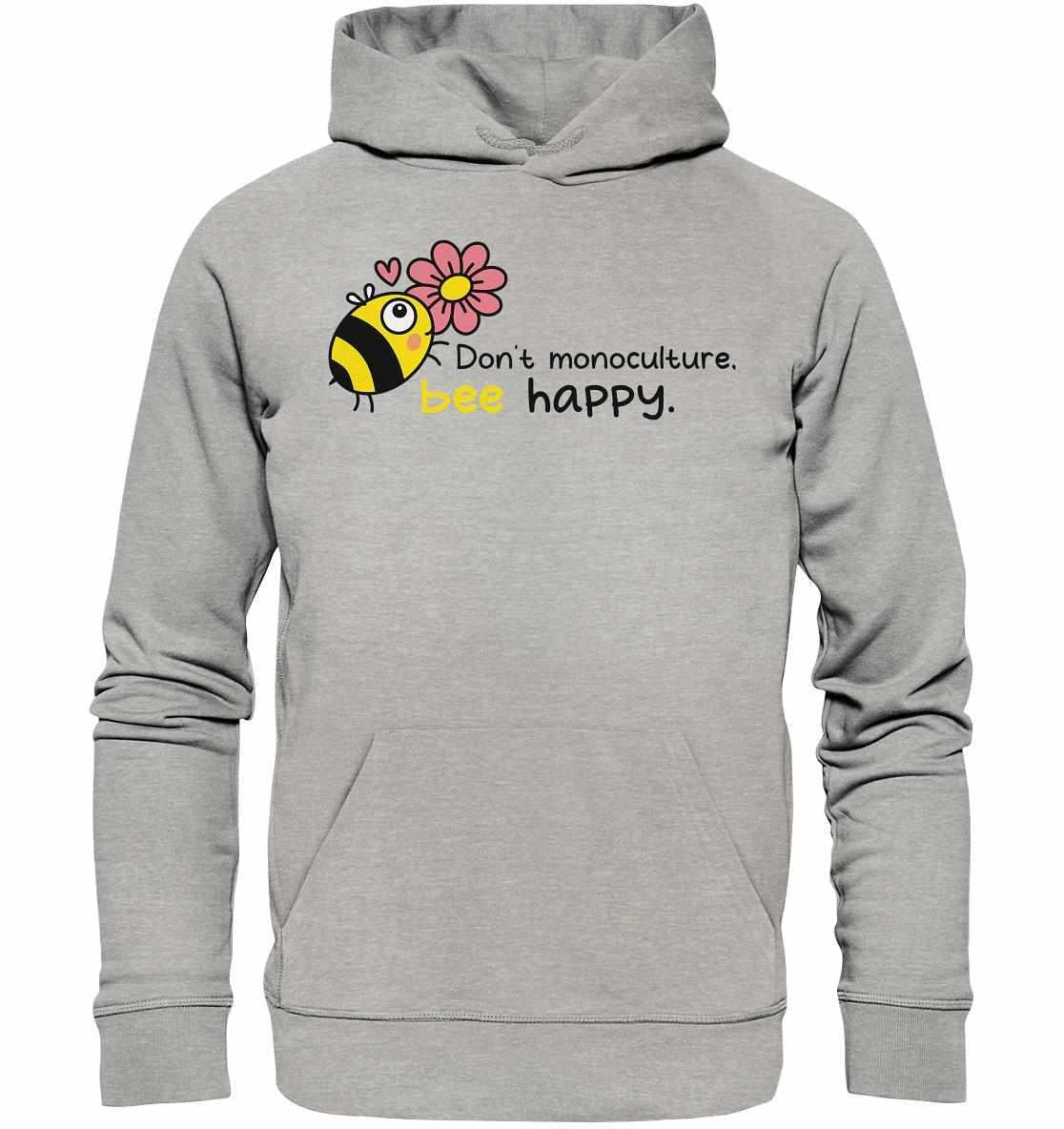 Vegan und Bio Hoodie: Save the bees, grauer Hoodie mit gestickter Biene und Blume, aus nachhaltigen Materialien, symbolisiert Insektenschutz und umweltfreundliche Mode.
