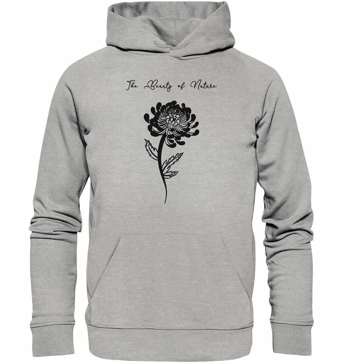 Vegan und Bio Hoodie: Chrysantheme, grauer Hoodie mit schwarzer Blumenillustration. Umweltfreundlich aus Bio-Baumwolle und Recyclingmaterialien, verkörpernd die Schönheit der Natur.