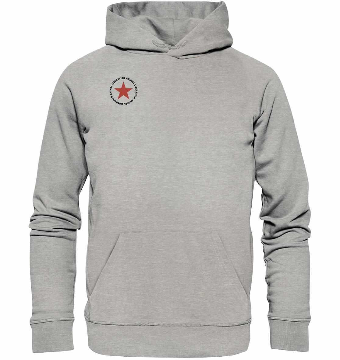 Vegan und Bio Hoodie: Red Star - Animal Liberation, grauer Kapuzenpullover mit rotem Stern, aus Bio-Baumwolle und recyceltem Polyester, rebellisches und umweltfreundliches Design.