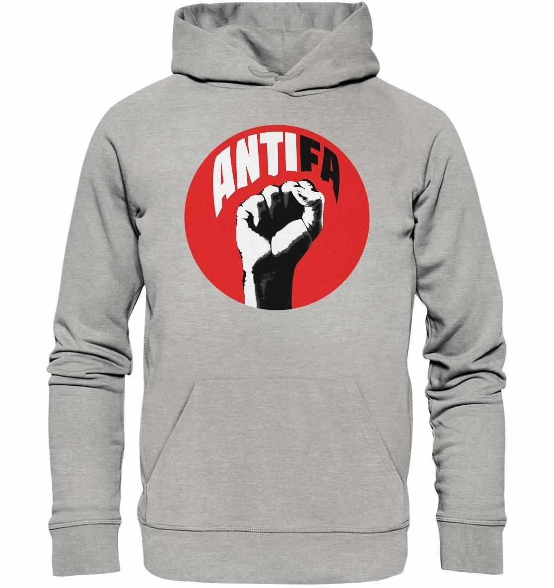 Vegan und Bio Hoodie: Antifa - Kampf gegen Rechts, grauer Hoodie mit erhobener Faust im roten Kreis, symbolisiert Widerstand gegen Faschismus, aus umweltfreundlichen Materialien gefertigt.