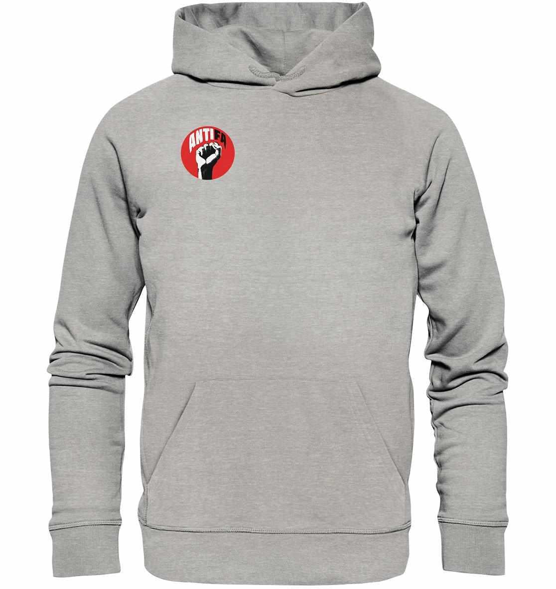 Vegan und Bio Hoodie: Antifa - Gemeinsam gegen Rechts, grauer Hoodie mit rotem und schwarzem Logo, symbolisiert Kampf gegen Faschismus, aus Bio-Baumwolle und recyceltem Polyester.