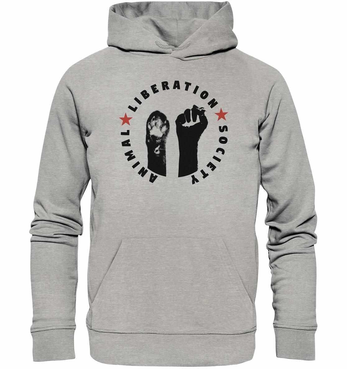 Vegan und Bio Hoodie mit Logo und Faustmotiv, symbolisiert Tierrechte. Hergestellt aus Bio-Baumwolle und Recyclingmaterialien, normaler Schnitt, Kapuze mit Kängurutasche.
