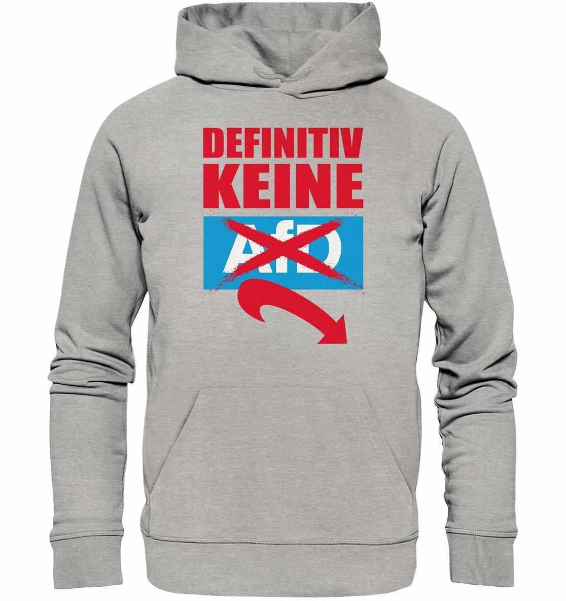 Grauer Vegan und Bio Hoodie mit rotem und blauem Text, symbolisiert Widerstand gegen Rechts; aus nachhaltiger Bio-Baumwolle und recyceltem Polyester, normale Passform, Kängurutasche.