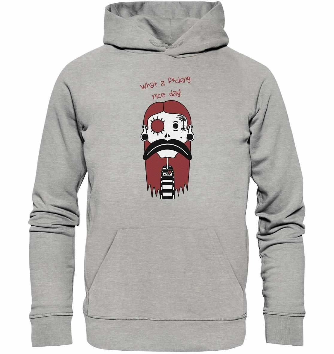 Vegan und Bio Hoodie: Mental health – Bad Day, grauer Hoodie mit Cartoon-Charakter, rebellisches Design, aus Biobaumwolle und recyceltem Polyester, nachhaltige Mode von RUDE REBEL.