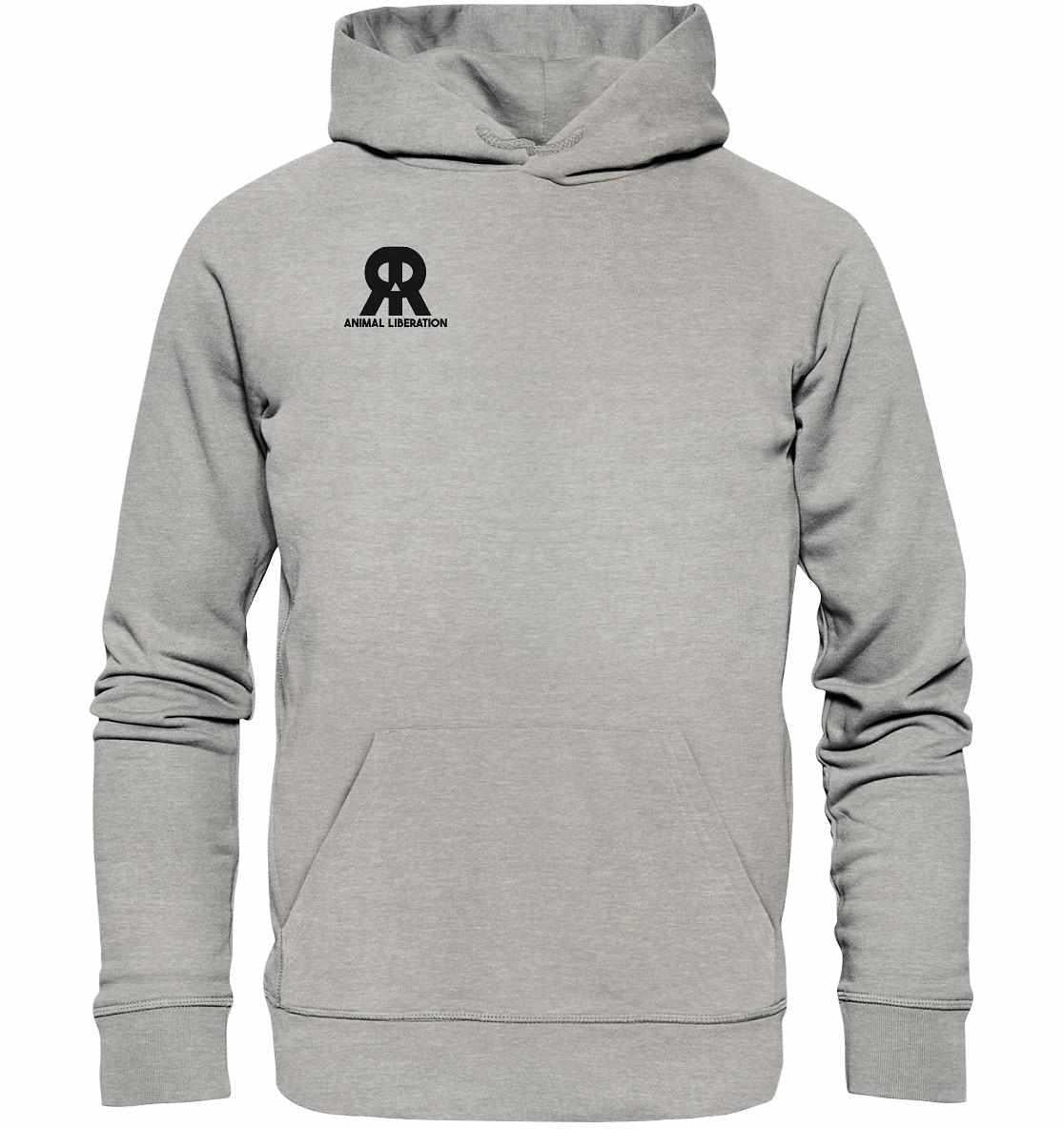 Vegan und Bio Hoodie: RUDE REBEL Skull - Animal Liberation, grauer Hoodie mit Totenkopf-Logo, aus Bio-Baumwolle und Recyclingmaterialien, mit Kapuze und Kängurutasche.