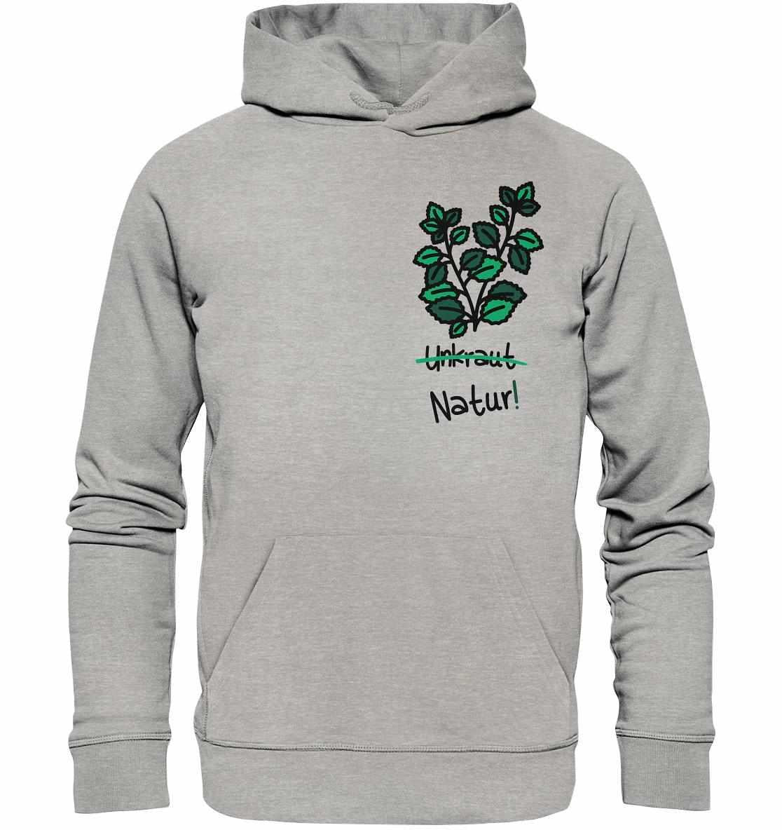 Vegan und Bio Hoodie: Brennnessel - Naturschutz, grauer Kapuzenpullover mit grünen Blättern, symbolisiert Umweltbewusstsein und Naturschutz.