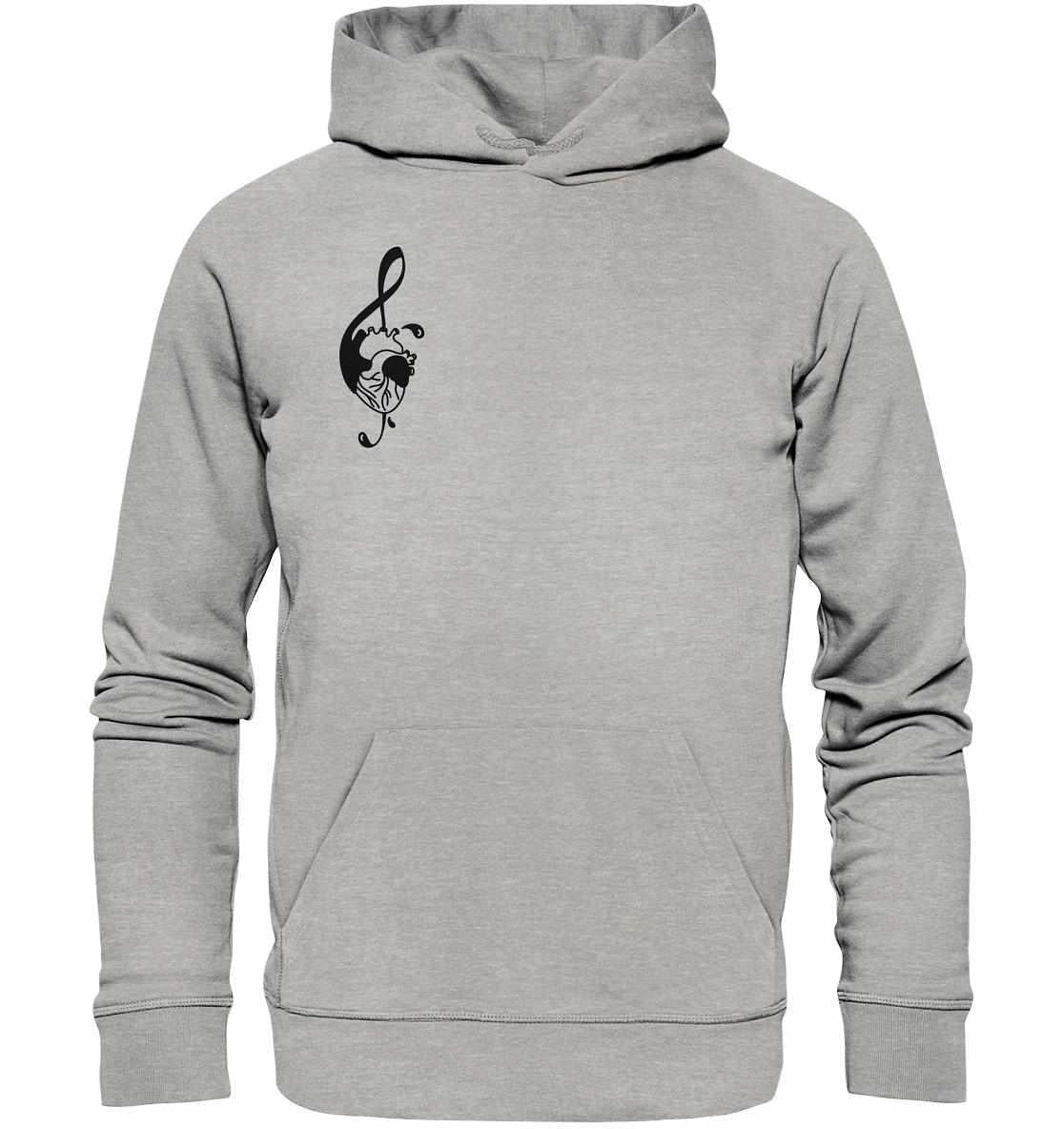 Vegan und Bio Hoodie: Music Therapy with Heart, graues Sweatshirt mit schwarzem Notenschlüssel, hergestellt aus Bio-Baumwolle und recyceltem Polyester, symbolisiert Musikliebe und Nachhaltigkeit.