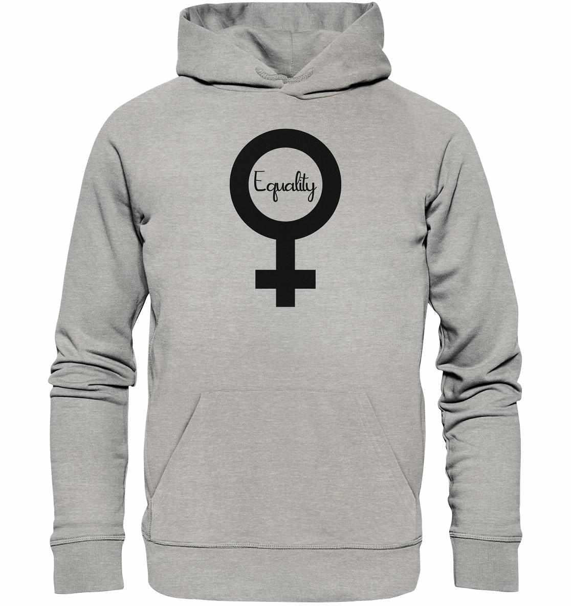 Vegan und Bio Hoodie: Feminismus - Der Kampf um Gleichberechtigung, grauer Hoodie mit symbolischem Design, betont nachhaltige Herstellung und feministische Botschaft.