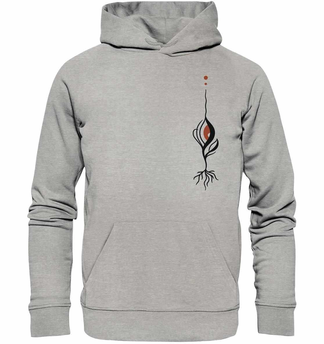 Grauer Hoodie mit grafischem Design eines blutroten Auges und Pflanzensprosses, aus veganen, biologischen und recycelten Materialien, von RUDE REBEL.