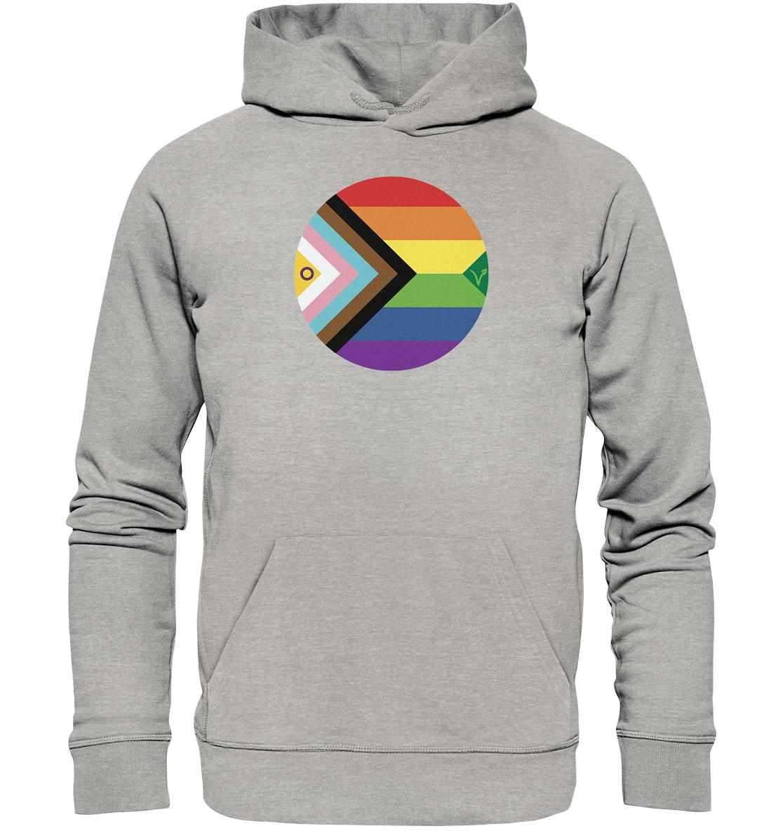 Vegan und Bio Hoodie: LGBTQAI+ Veganismus, grauer Hoodie mit Regenbogenkreis, aus Bio-Baumwolle und recyceltem Polyester, rebellisches Design von RUDE REBEL.
