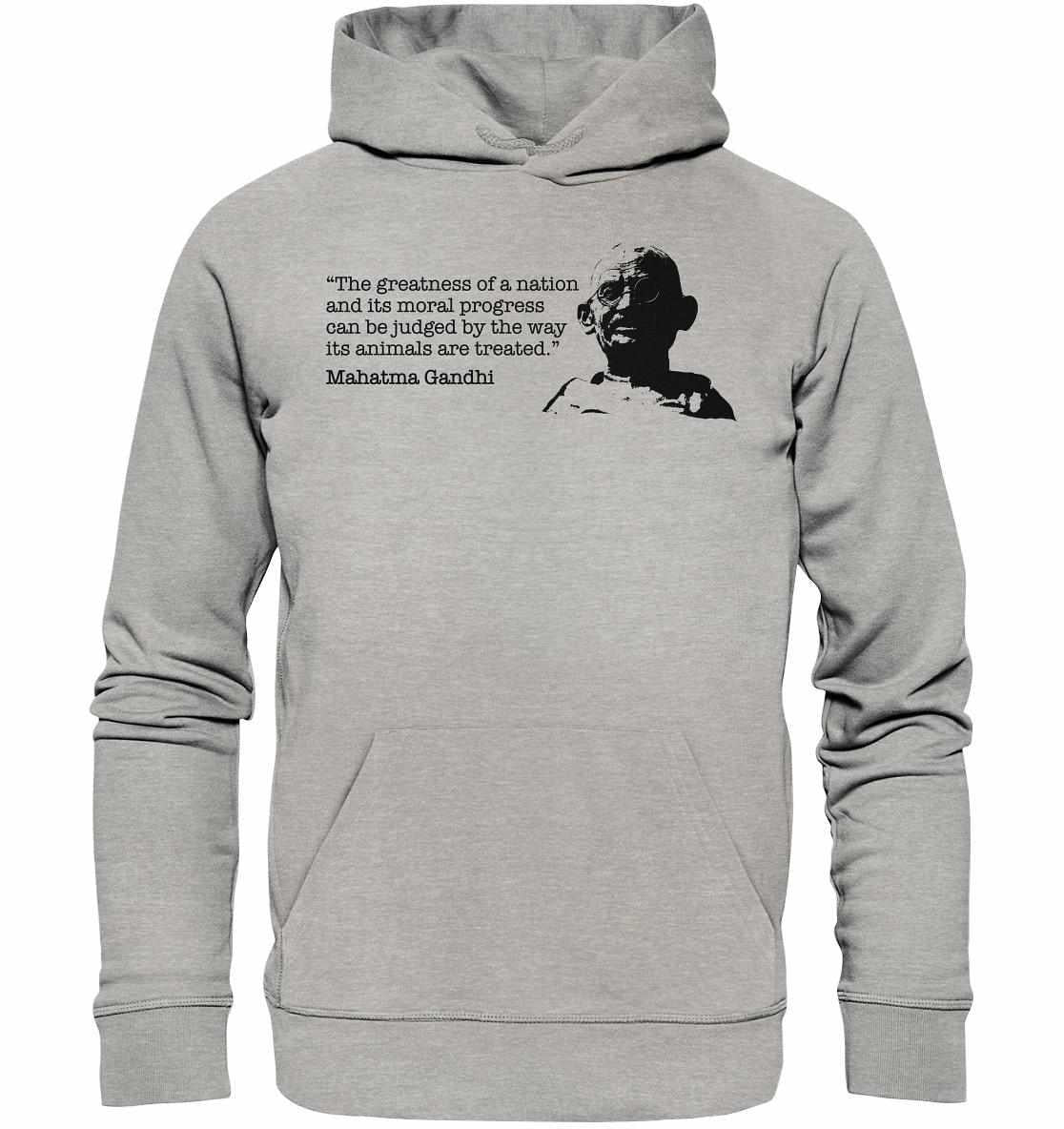 Vegan und Bio Hoodie mit Mahatma Gandhi-Zitat, grauer Stoff, umweltfreundlich aus Bio-Baumwolle und recyceltem Polyester, verstärkte Kapuze, Kängurutasche, rebellisches Design von RUDE REBEL.