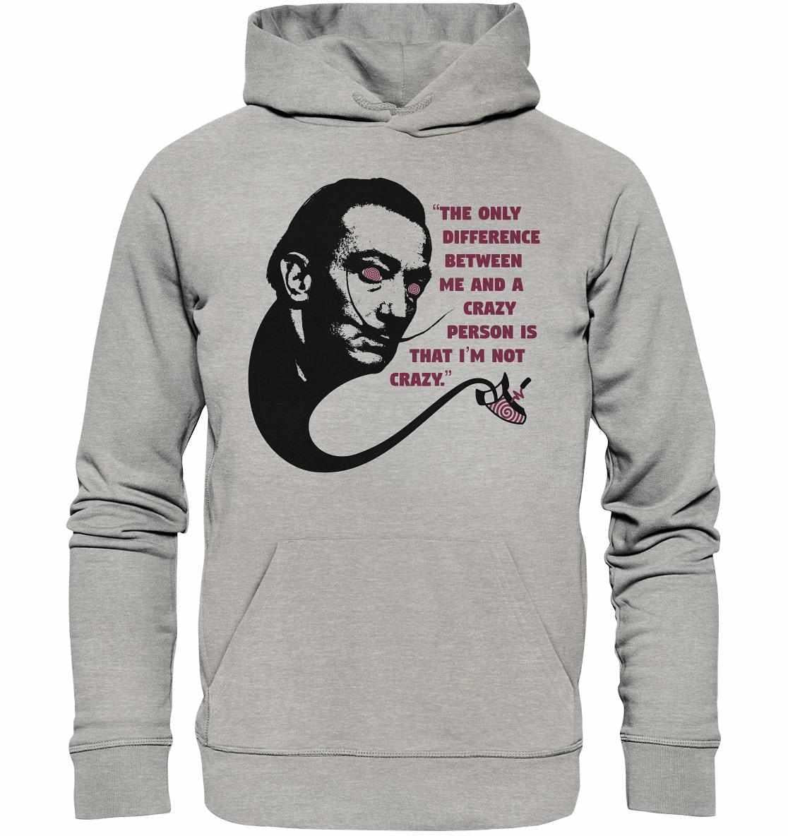 Vegan und Bio Hoodie: Crazy Dali mit surrealistischem Dali-Motiv, aus Bio-Baumwolle und Recyclingmaterialien, normale Passform, Kängurutasche, ideal für umweltbewusste Mode.