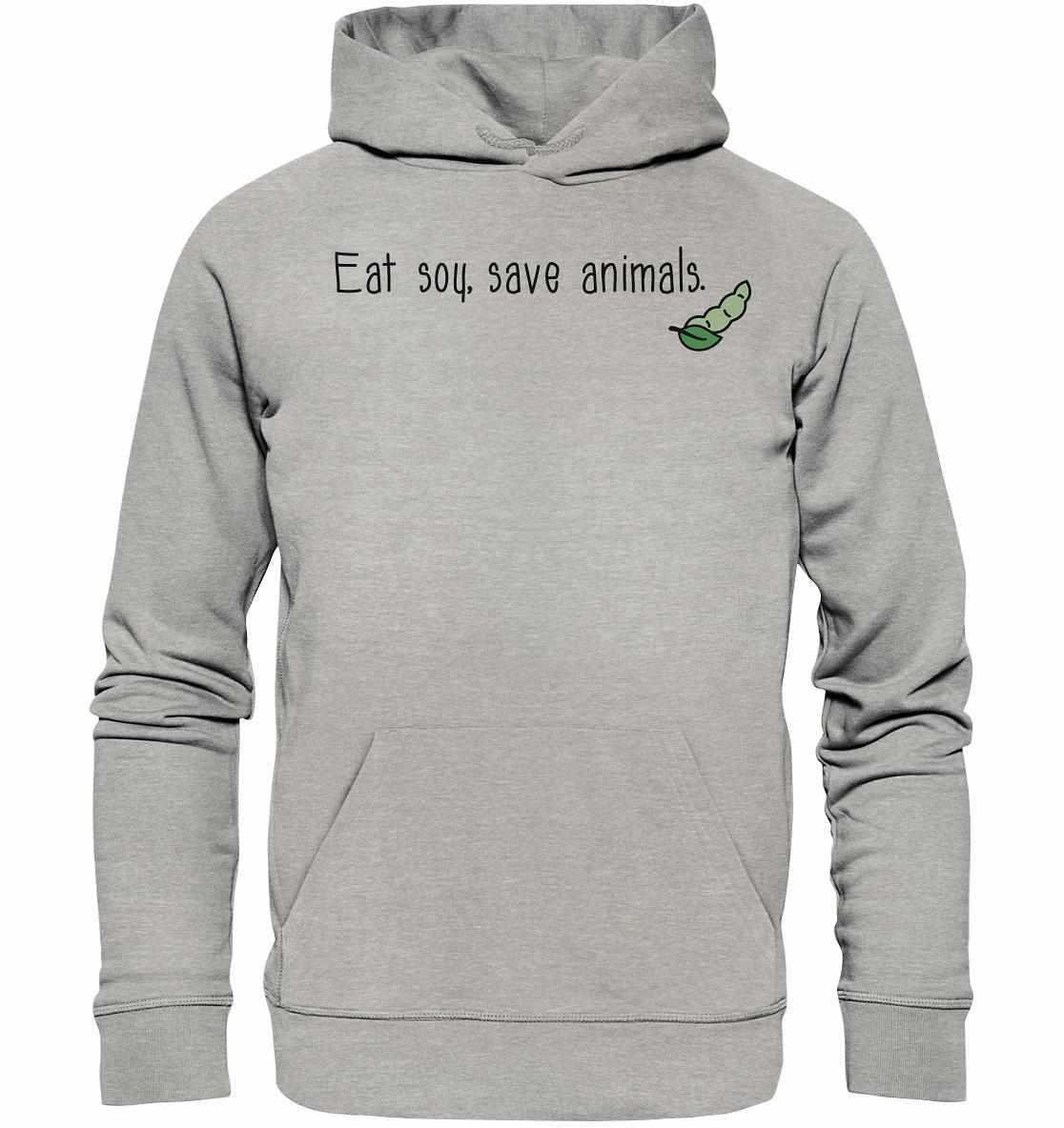 Vegan und Bio Hoodie mit grünem Raupenmotiv, aus Bio-Baumwolle und recyceltem Polyester, betont veganen Lebensstil und Tierschutz.