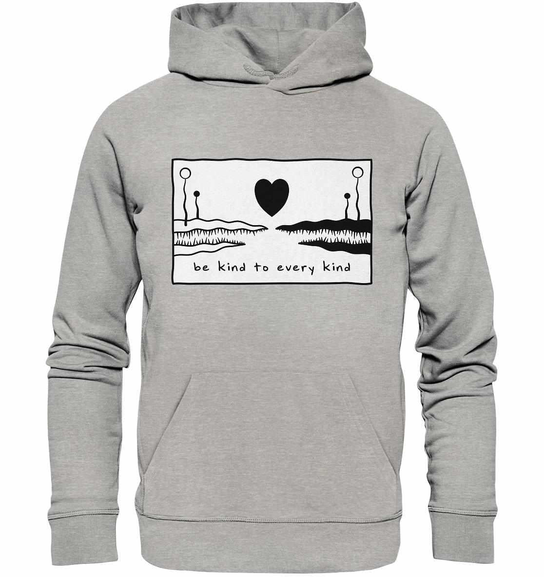 Vegan und Bio Hoodie: Be kind to every kind, graues Sweatshirt mit Herz-Design, hergestellt aus Bio-Baumwolle und recyceltem Polyester, mit Kängurutasche und Kapuze.