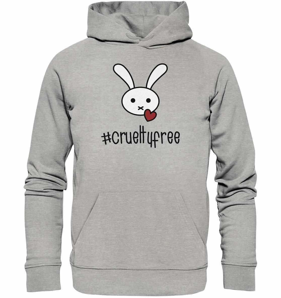 Vegan und Bio Hoodie: Crueltyfree Bunny BIG mit weißem Hasenmotiv und Herz, aus nachhaltiger Bio-Baumwolle, symbolisiert vegane Bewegung gegen Tierversuche.