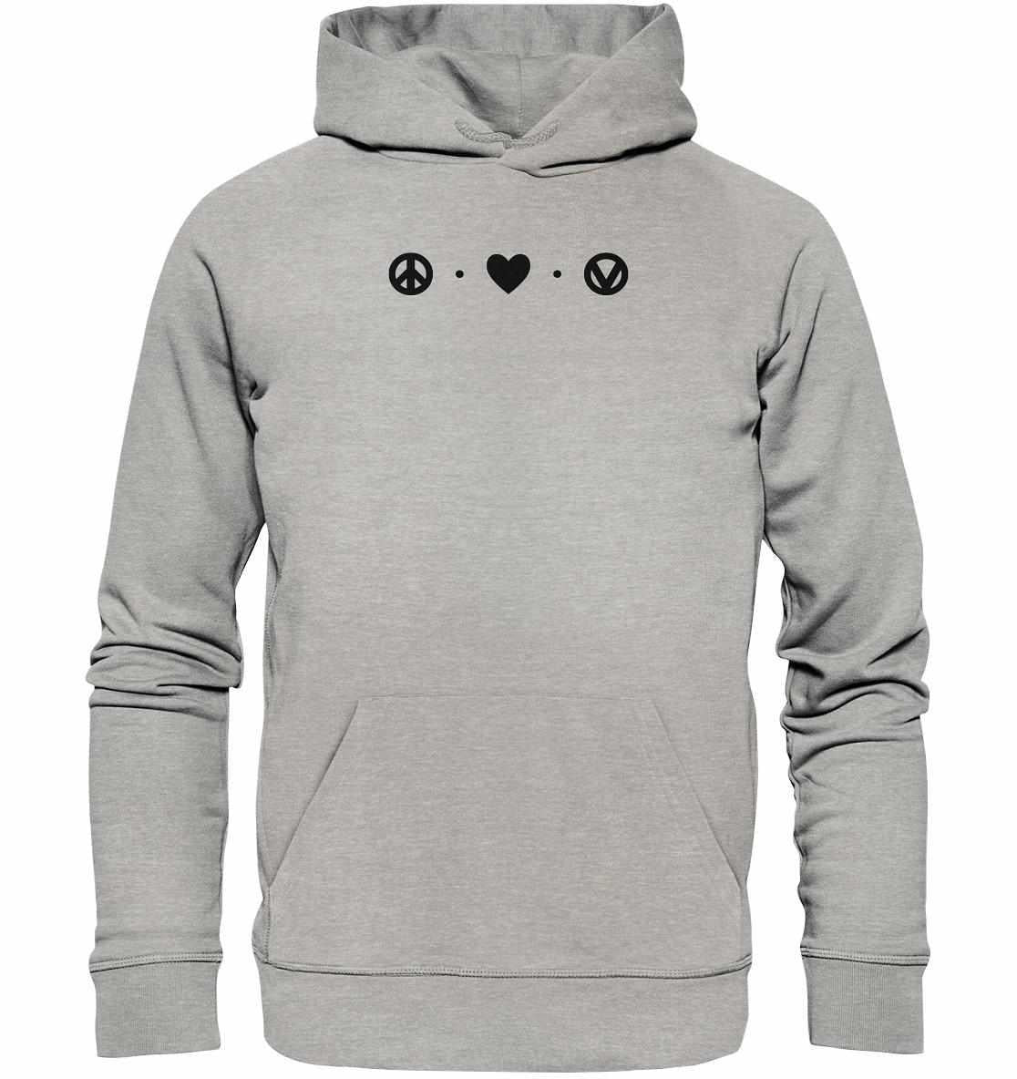 Vegan und Bio Hoodie Peace - Love - Veganism mit Friedenssymbol und Herzmotiv, gefertigt aus Biobaumwolle und recyceltem Polyester, symbolisiert Frieden und Tierrechte.