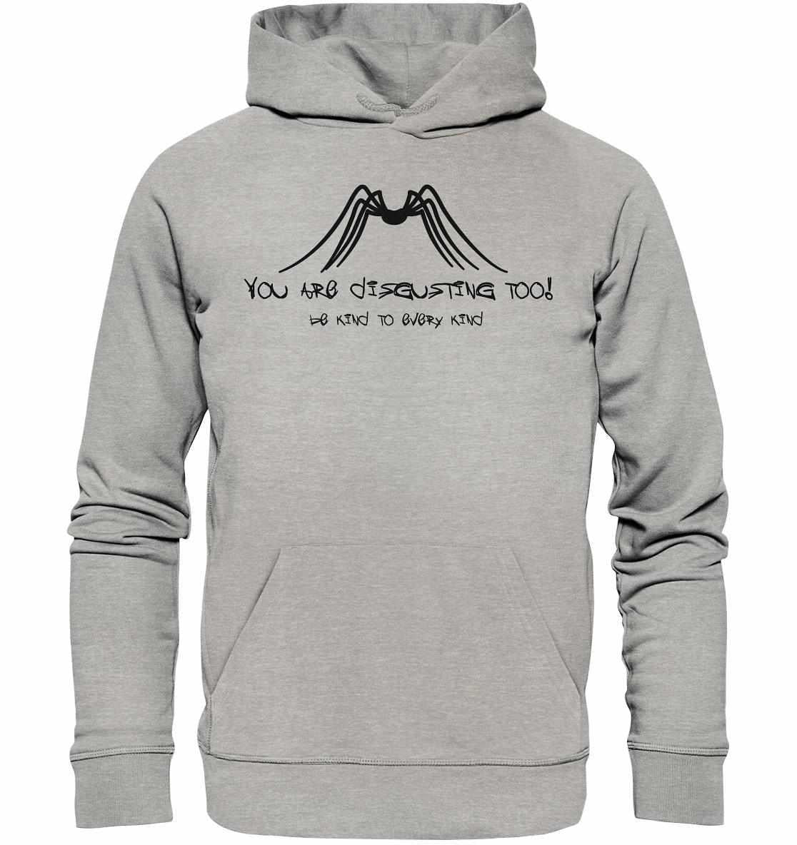 Vegan und Bio Hoodie mit dem Aufdruck Protect Insects, even spiders and be kind to every kind, aus grauer Bio-Baumwolle, fördert Tierschutzbewusstsein.