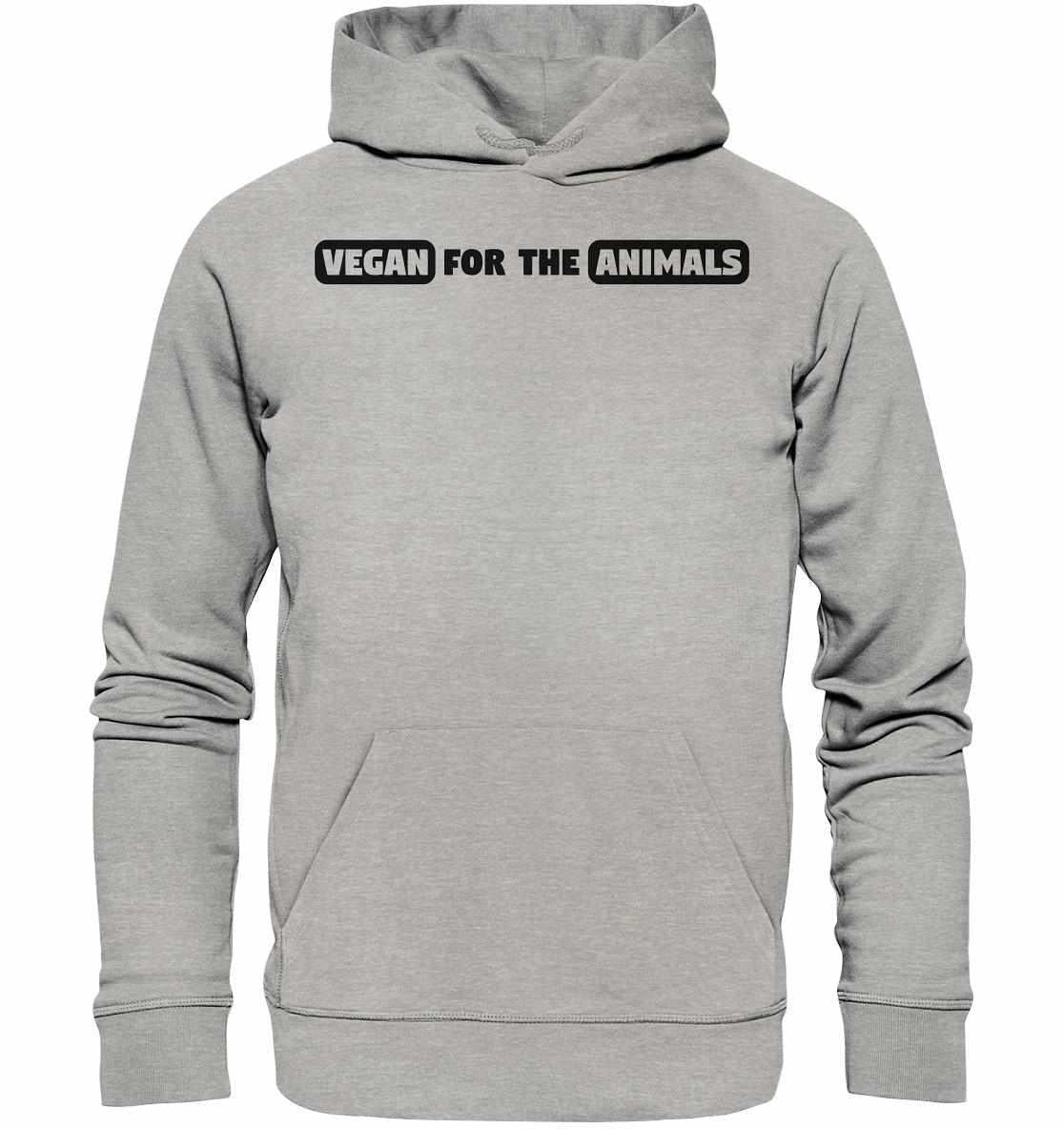 Vegan und Bio Hoodie: VEGAN FOR THE ANIMALS Edition 2, grauer Hoodie mit schwarzem Text, umweltfreundlich aus Bio-Baumwolle und recyceltem Polyester, normaler Schnitt, Kängurutasche.