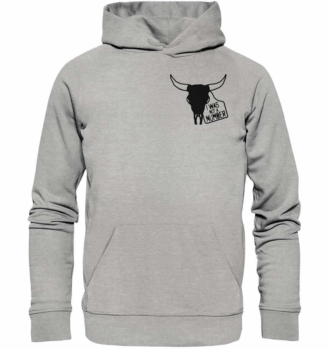 Vegan und Bio Hoodie: I was not a number, grau mit Bullenschädel-Motiv, umweltfreundlich aus Bio-Baumwolle und recyceltem Polyester, Kängurutasche, Kapuze, rebellisches Design.