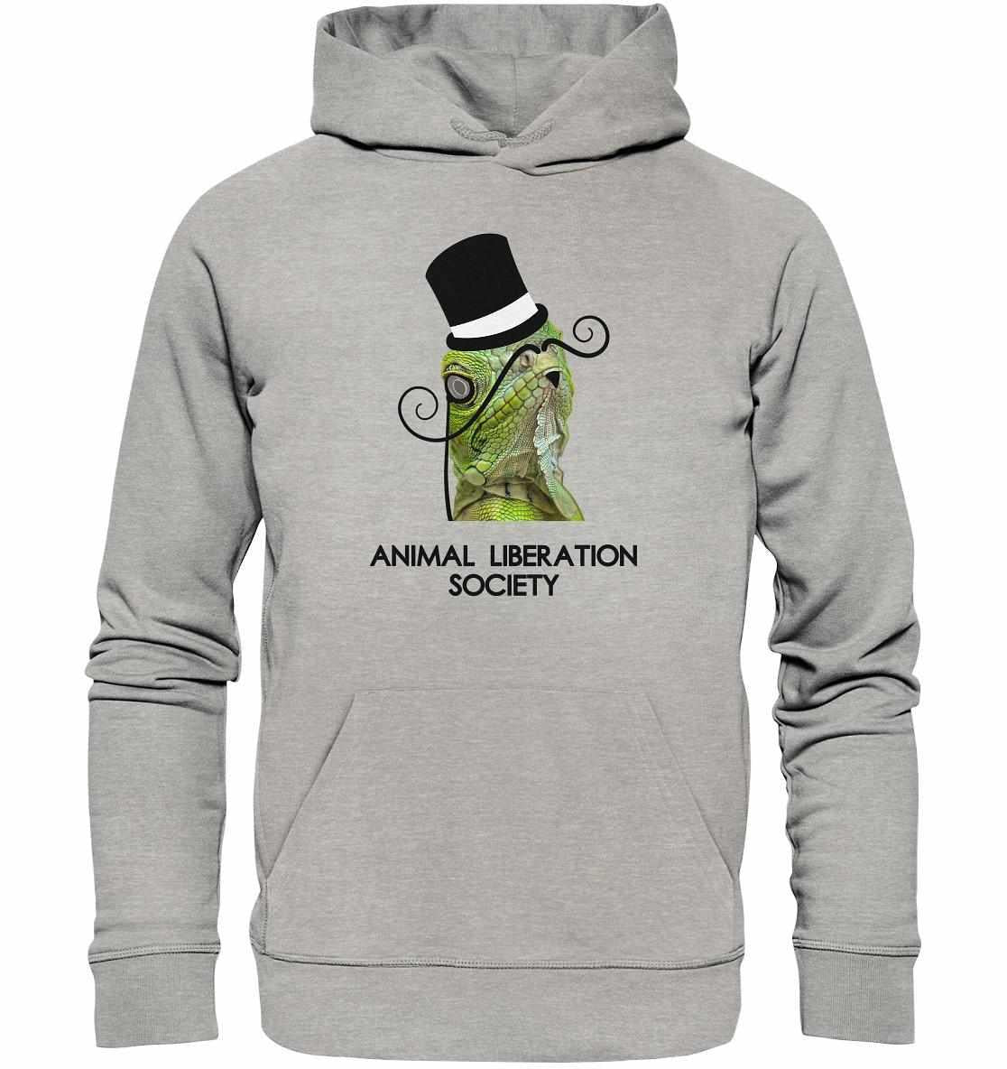 Vegan und Bio Hoodie: Sir Reptile - Animal Liberation Society mit elegantem Hut tragendem Echsenmotiv, aus nachhaltigen Materialien gefertigt.