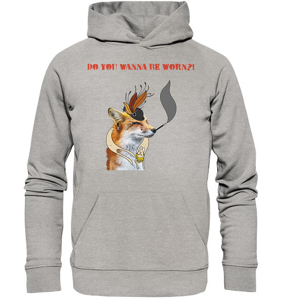 Vegan und Bio Hoodie: Mrs. Fox demonstriert gegen Pelz! Grauer Hoodie mit Fuchs und Hut-Motiv, inspiriert von Tierrechten, aus Bio-Baumwolle und recyceltem Polyester.