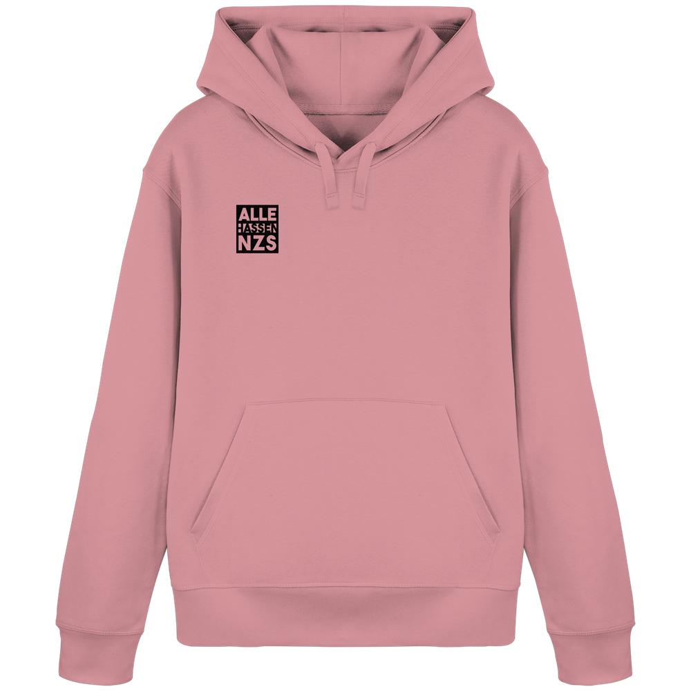 Vegan und Bio Hoodie: ALLE HASSEN NZS! Staubrosa Kapuzenpullover mit Kängurutasche und kleinem Logo, aus Bio-Baumwolle und recyceltem Polyester, rebellisches Design von RUDE REBEL.