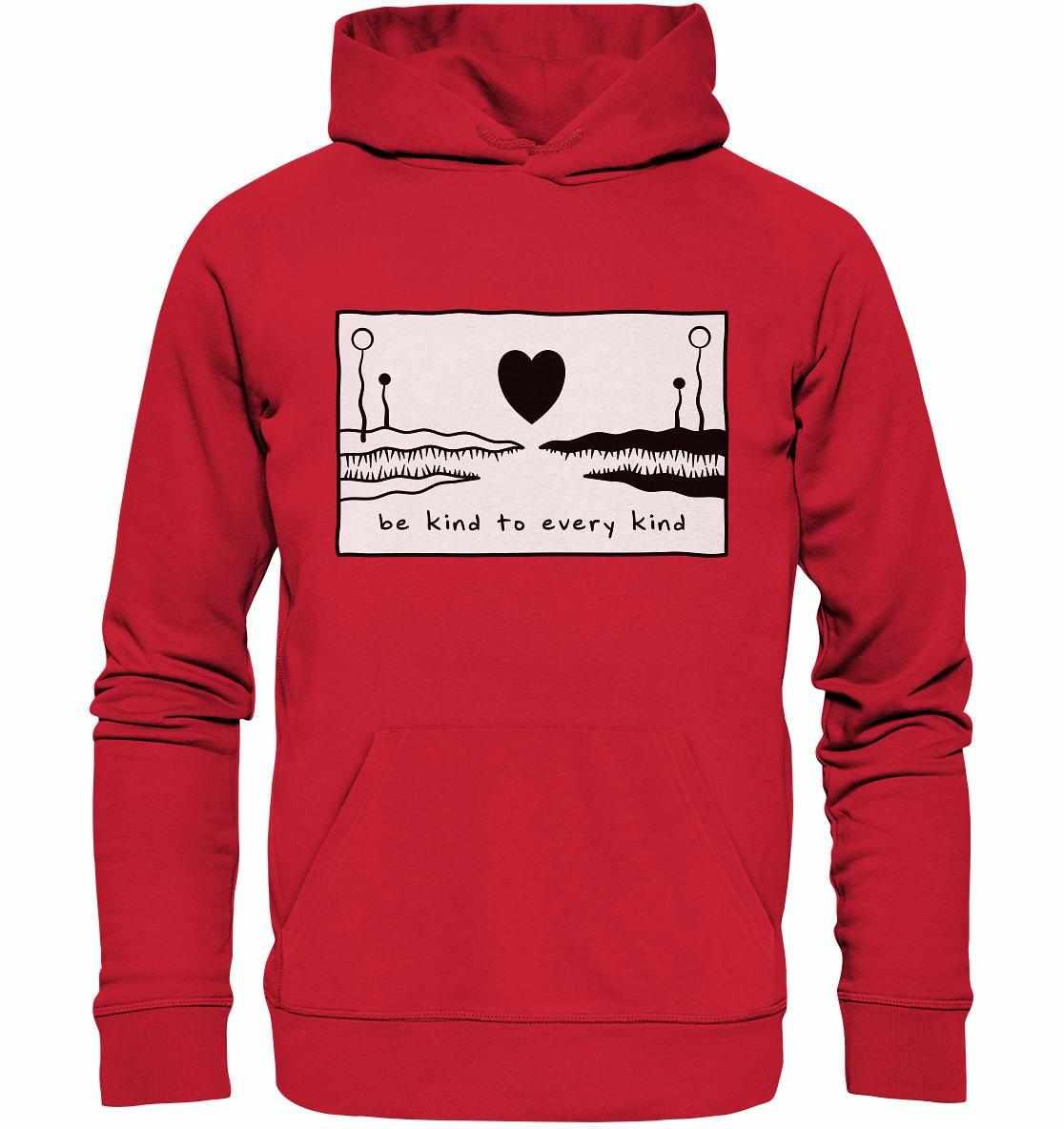 Vegan und Bio Hoodie: Be kind to every kind, roter Hoodie mit schwarzem Herz-Design, hergestellt aus Bio-Baumwolle, von RUDE REBEL, betont Liebe und Frieden.