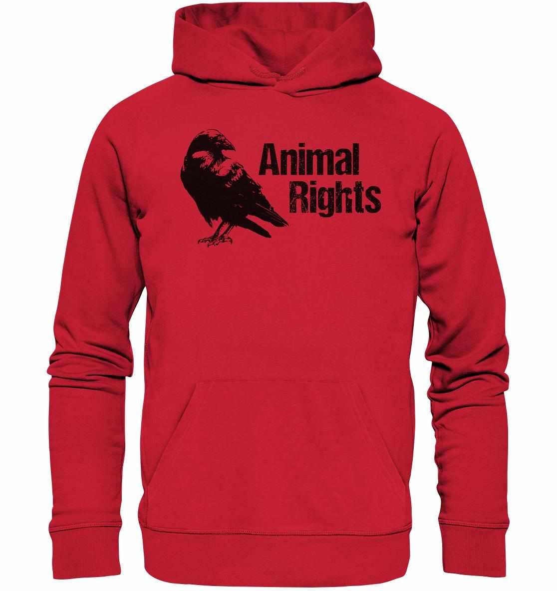Vegan und Bio Hoodie: Raven - Animal Rights, roter Hoodie mit schwarzem Vogelmotiv, aus Bio-Baumwolle und Recyclingmaterialien, langärmelig, Kapuze mit Kordel.