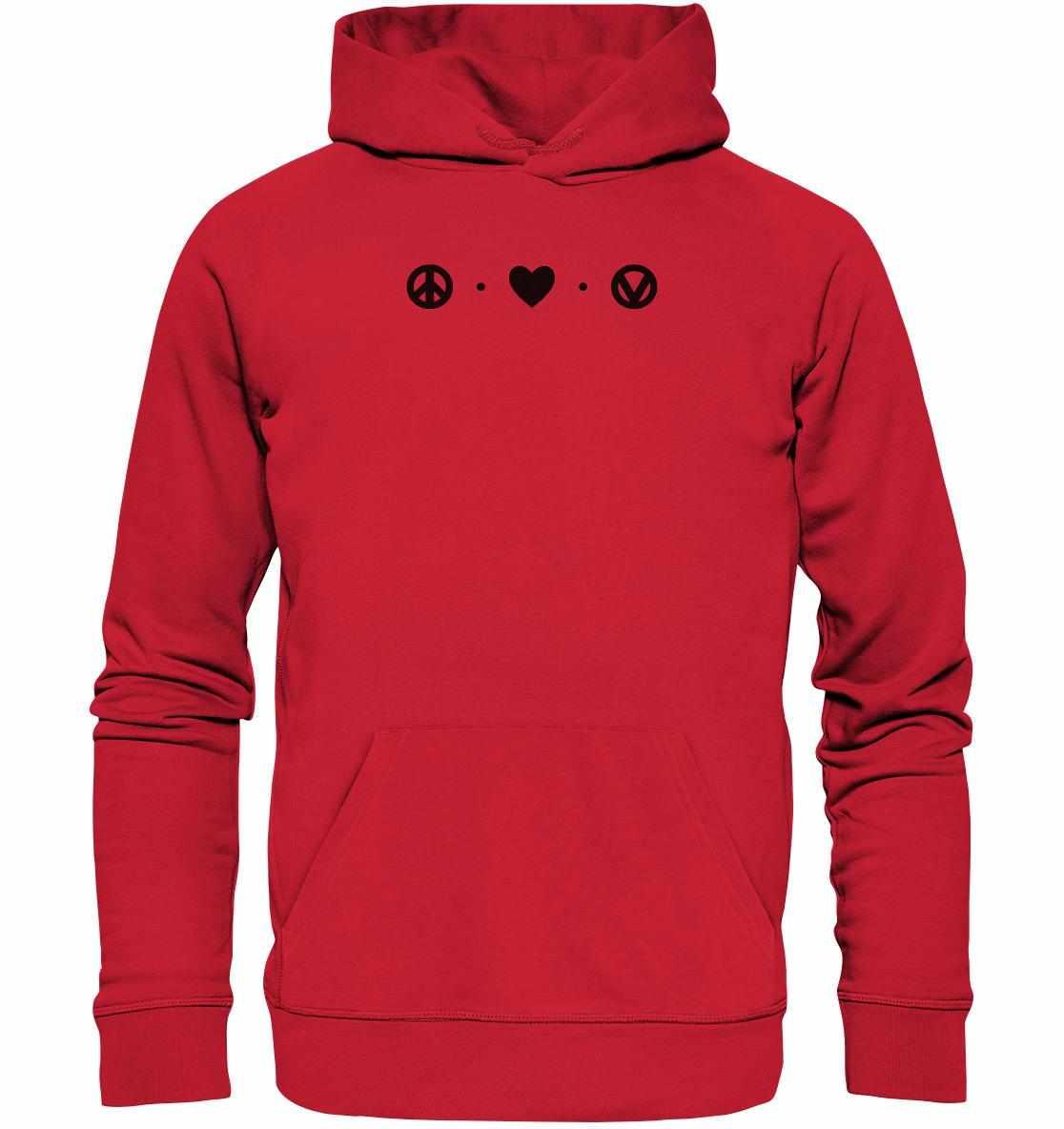 Vegan und Bio Hoodie: Peace - Love - Veganism, roter Hoodie mit schwarzem Herz und Friedenssymbol, aus Bio-Baumwolle und recyceltem Material, normaler Schnitt, Kängurutasche.