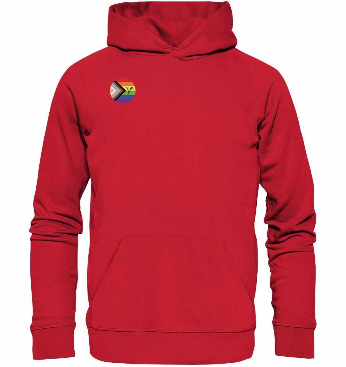 Vegan und Bio Hoodie: LGBTQIA+ VEGAN, roter Kapuzenpullover mit Regenbogen-Logo, aus Bio-Baumwolle und recyceltem Material, normaler Schnitt, Kängurutasche.
