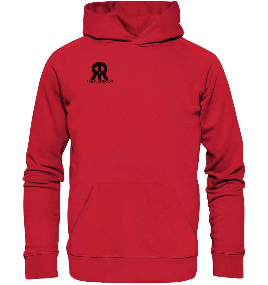 Vegan und Bio Hoodie: RUDE REBEL Skull - Animal Liberation, roter Kapuzenpullover mit Totenkopf-Logo, aus Bio-Baumwolle und recycelten Materialien, normale Passform, Kängurutasche.