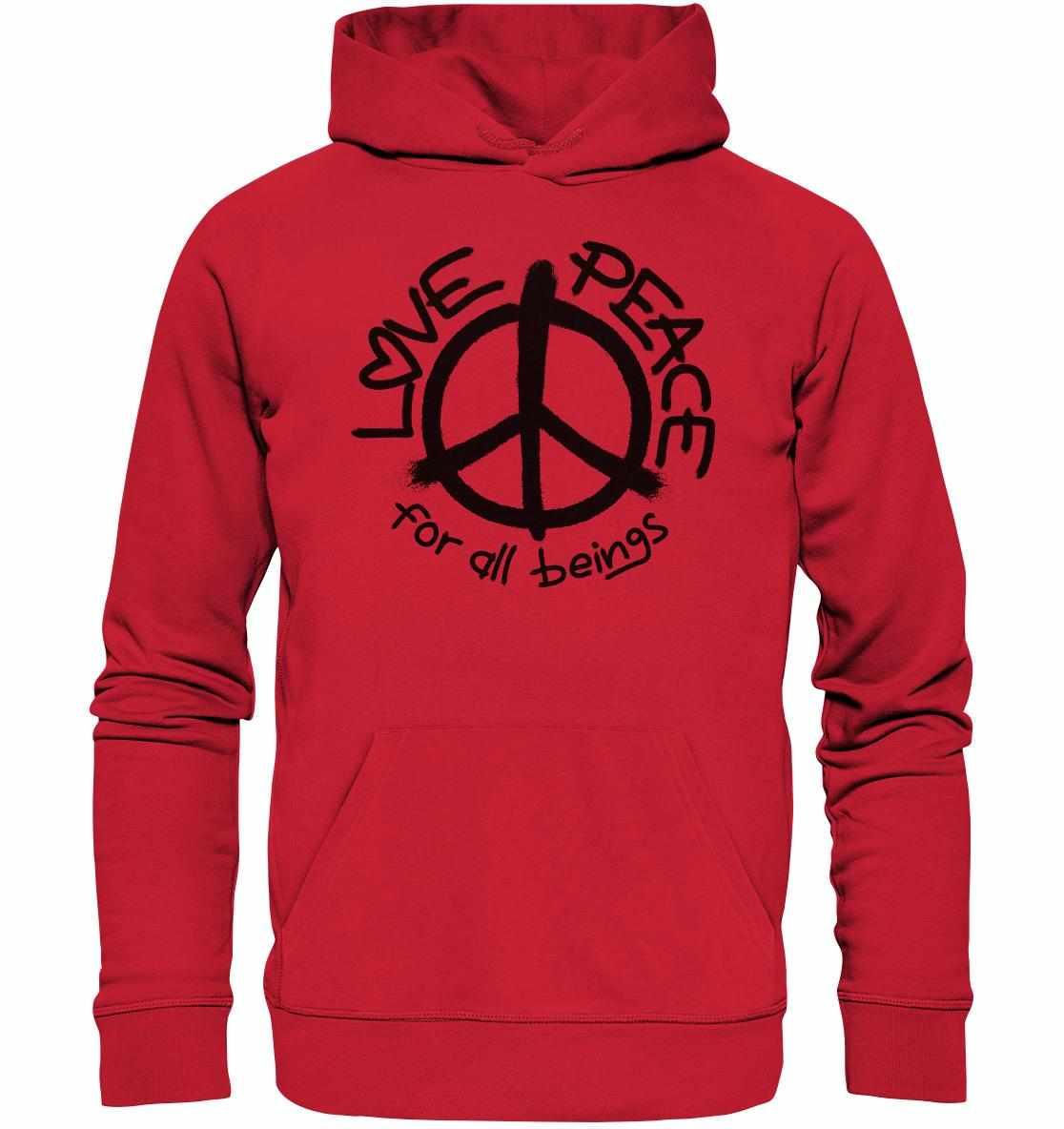 Vegan und Bio Hoodie mit Peace-Symbol, aus nachhaltiger Biobaumwolle und Recyclingmaterialien, repräsentiert Liebe und Frieden.