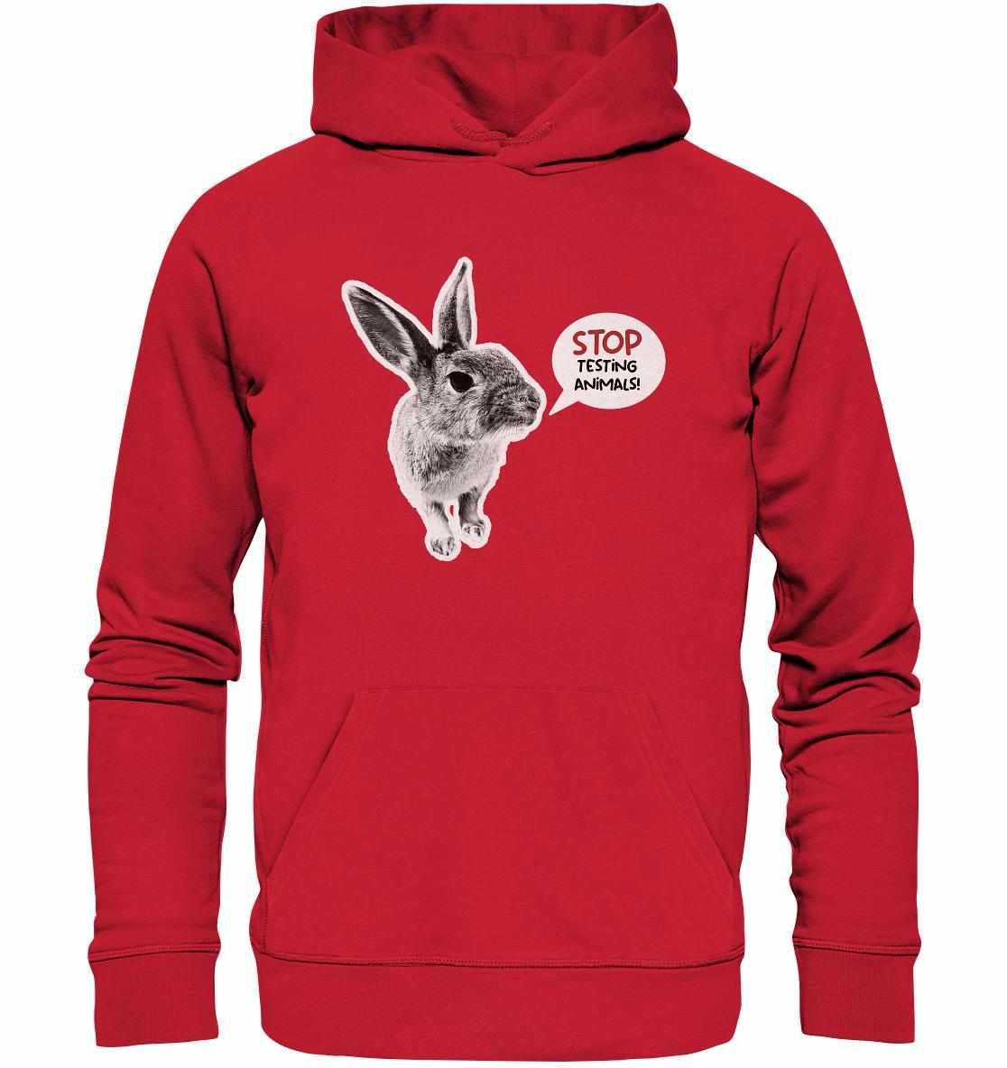 Vegan und Bio Hoodie: Cute Rabbit - Stop Testing Animals! mit Hasenmotiv, aus Bio-Baumwolle und Recyclingmaterialien, Kapuze, Kängurutasche, betont Tierschutzbotschaft.