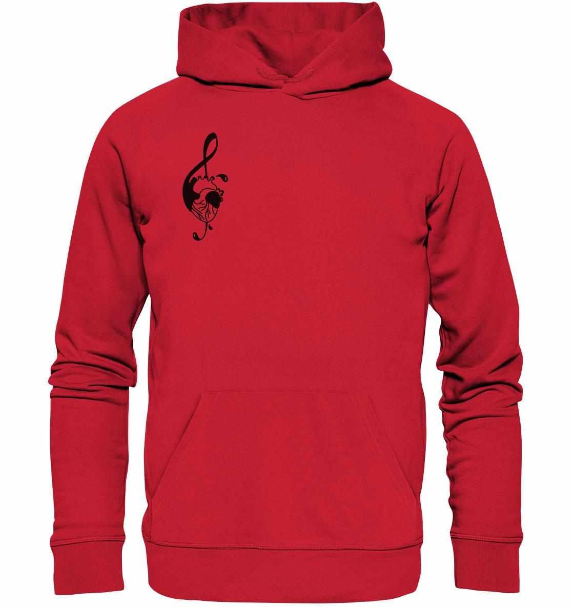 Vegan und Bio Hoodie: Music Therapy with Heart, roter Hoodie mit schwarzem Notenschlüssel und Herzdesign, hergestellt aus Bio-Baumwolle und recyceltem Polyester, von RUDE REBEL.