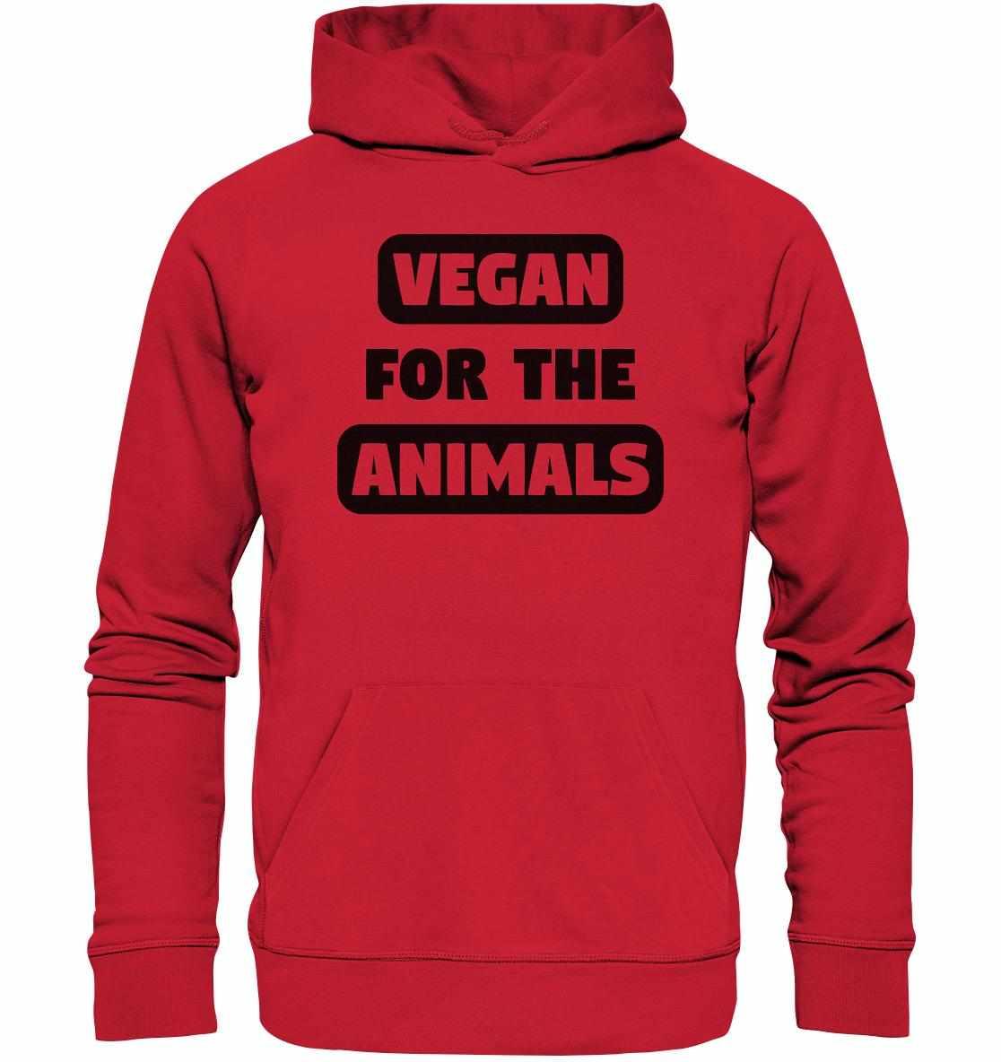 Vegan und Bio Hoodie: VEGAN FOR THE ANIMALS, roter Kapuzenpullover aus Biobaumwolle mit schwarzem Text, zeigt tierfreundliches Design.