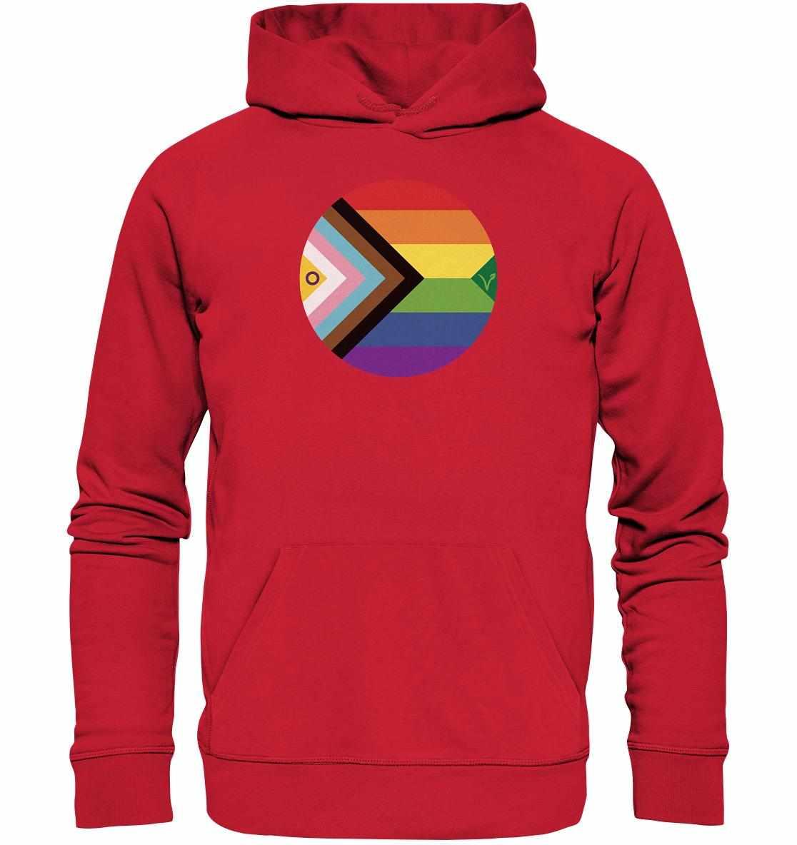 Vegan und Bio Hoodie: LGBTQAI+ Veganismus, roter Hoodie mit Regenbogen-Logo, nachhaltig aus Bio-Baumwolle und recycelten Materialien, symbolisiert Freiheit und Liebe.