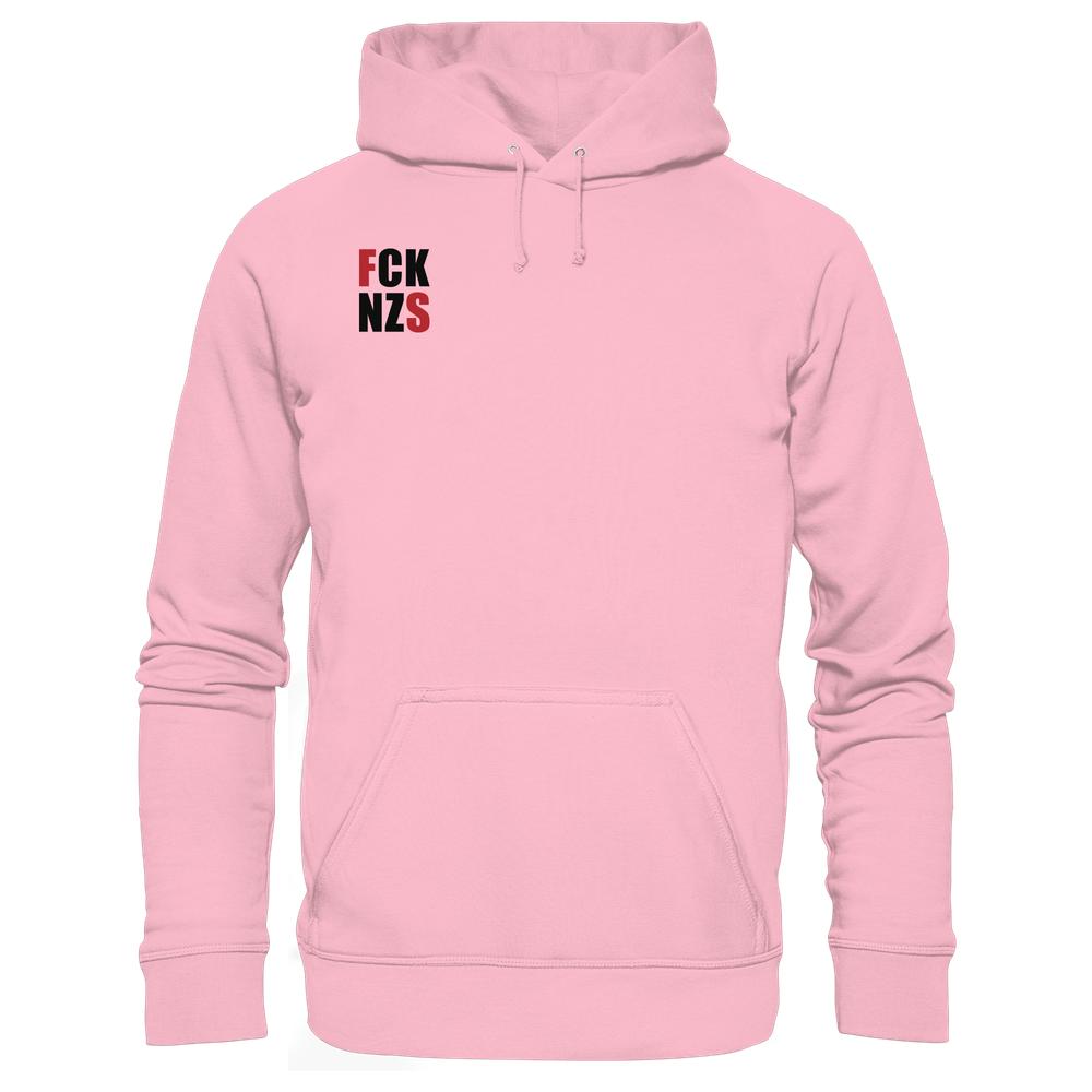 Vegan und Bio Hoodie: FCK NZS mit roten Highlights, hellrosa mit Kapuze und Kängurutasche, aus Bio-Baumwolle und recyceltem Polyester, rebellisches Design von RUDE REBEL.