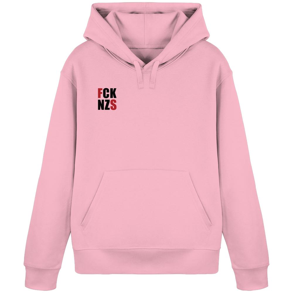 Vegan und Bio Hoodie: FCK NZS mit roten Highlights, hellrosa, mit Kängurutasche und Kapuze. Hochwertige Bio-Baumwolle und recyceltes Polyester.