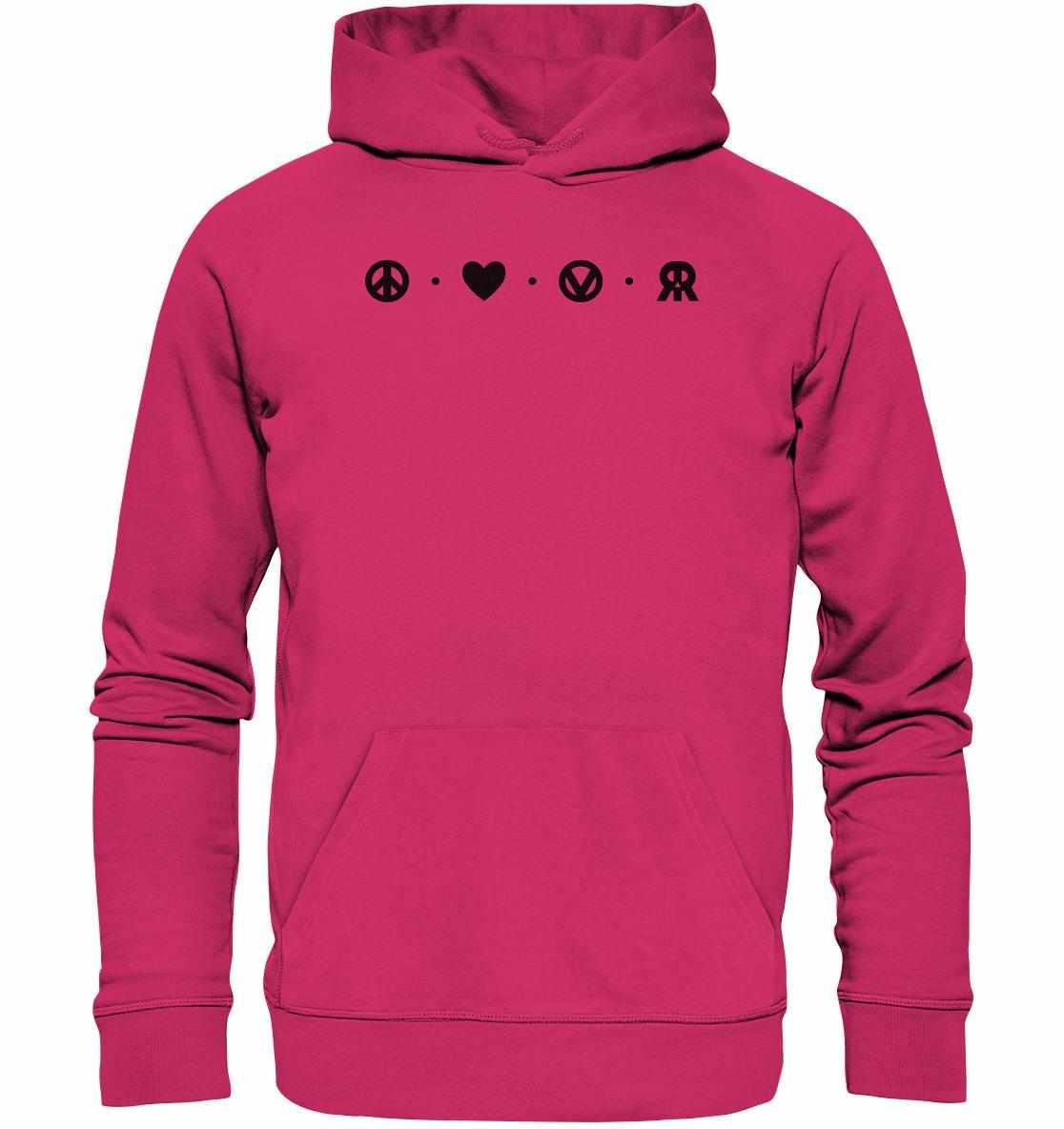 Vegan und Bio Hoodie: Peace - Love - Veganism - RUDE REBEL mit schwarzen Symbolen, hergestellt aus Bio-Baumwolle und recyceltem Polyester, inklusive Kängurutasche und Kapuze.