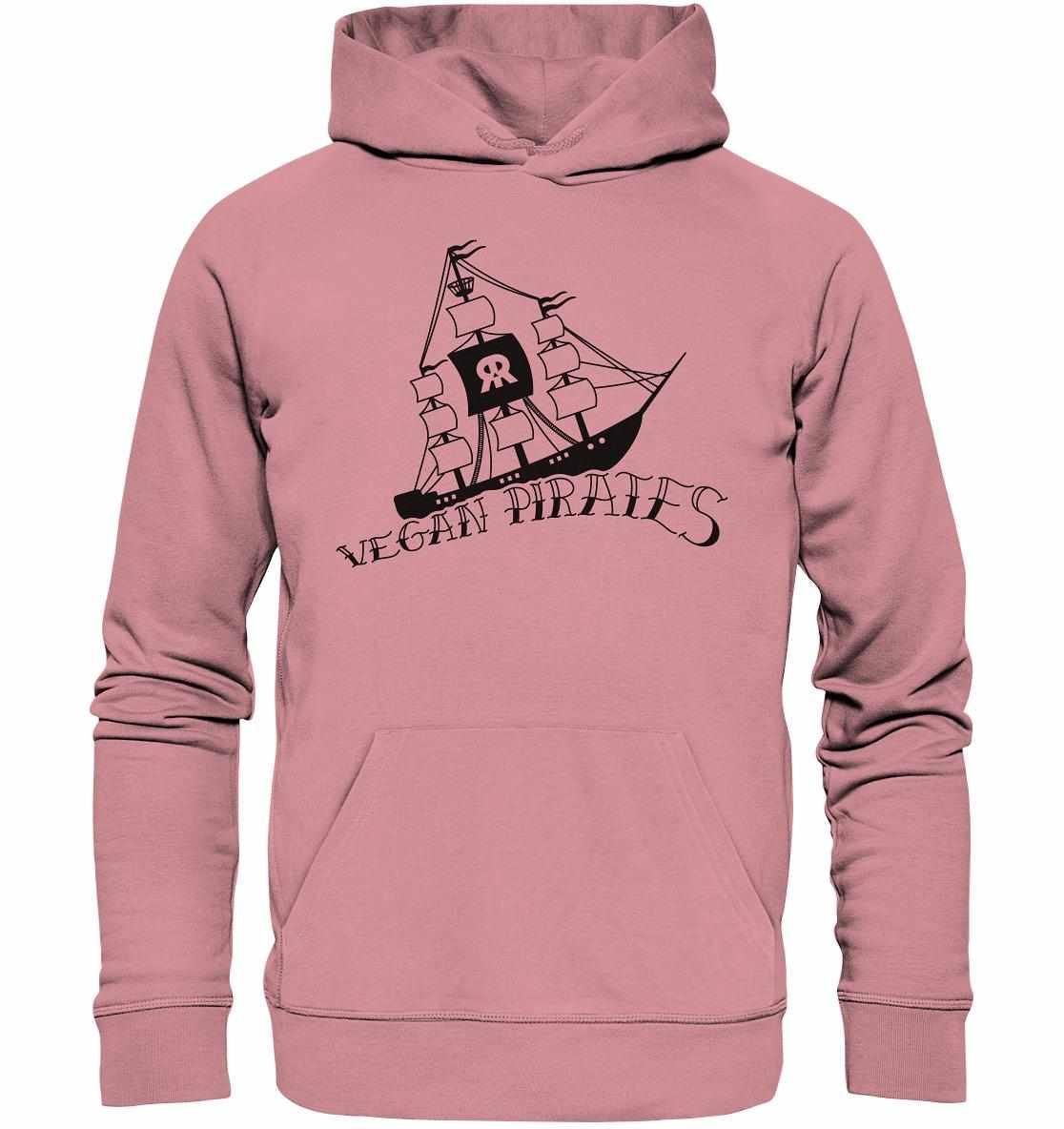 Vegan und Bio Hoodie: Vegan Pirates mit Piratenschiff-Design auf rosa Hintergrund, aus Bio-Baumwolle und recyceltem Polyester, normaler Schnitt, Kängurutasche.