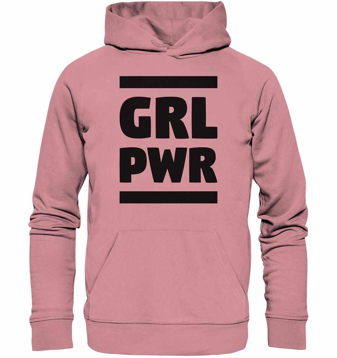 Vegan und Bio Hoodie: GIRL POWER - Design mit feministischer Message, pinker Hoodie mit schwarzem Text, normaler Schnitt, Kapuze, Kängurutasche, von RUDE REBEL.