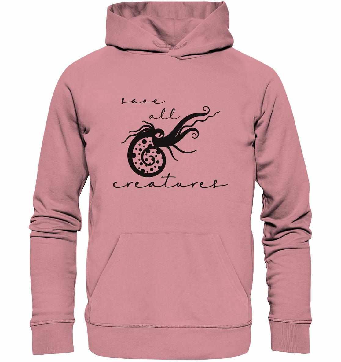 Vegan und Bio Hoodie: Save All Creatures mit schwarzem Meereskreaturen-Design, aus Bio-Baumwolle, Kapuze und Kängurutasche, nachhaltig produziert von RUDE REBEL.