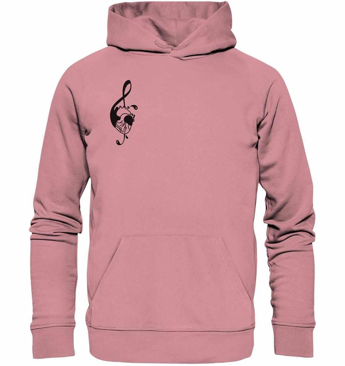 Vegan und Bio Hoodie: Music Therapy with Heart, pinker Kapuzenpullover mit schwarzem Notenschlüssel, aus umweltfreundlicher Bio-Baumwolle, normaler Schnitt, Kängurutasche.