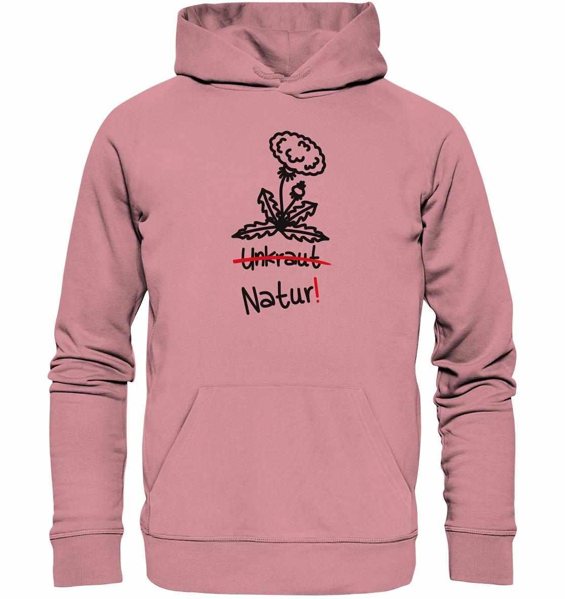 Vegan und Bio Hoodie: Löwenzahn - Naturschutz, pink mit schwarzem Blumenmotiv, aus Bio-Baumwolle und recyceltem Polyester, Kapuze und Kängurutasche, symbolisiert Umweltschutz.