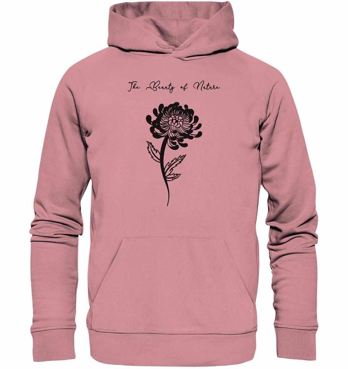 Vegan und Bio Hoodie: Chrysantheme mit schwarzer Blume, Kapuze, Kängurutasche, aus Bio-Baumwolle und Recyclingmaterialien, symbolisiert Naturschutz und nachhaltiges Design.