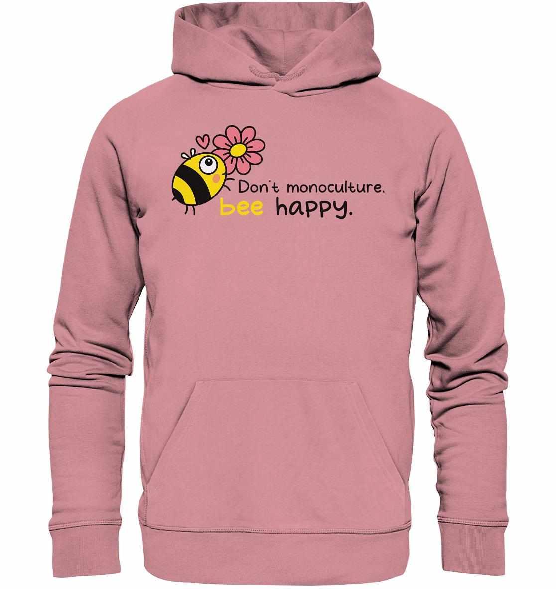 Vegan und Bio Hoodie: Save the bees, mit gesticktem Bienen- und Blumenmotiv, hergestellt aus Bio-Baumwolle und recyceltem Polyester, mit Kängurutasche und Kapuze.